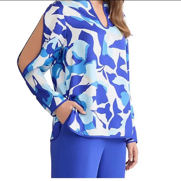 Ming Wang Abstract Blue and White Blouse - Picture 3 of 6
